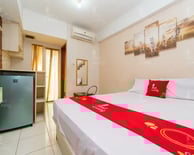 a bed room with a bed and a television