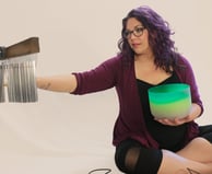 rachel in a sound bath, white background
