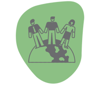 Illustration of three people holding hands on a globe to represent community