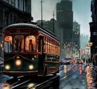 a painting of a trolley in the middle of a city, by night, art by Henri Tavares