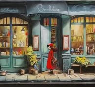 a painting of a woman in a red coat, design htcreation
