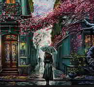 a painting of a woman with an umbrella walking into a street with turquoise colors