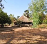 Een serene afbeelding van Campement de Wassadou, een eco-lodge met duurzame, traditionele hutten geï