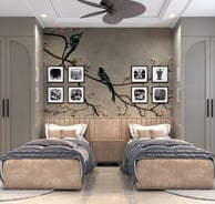 Premium double-sharing girls PG room with modern wardrobes, individual beds, soft lighting, and wall art – Aspiro Living, Kar