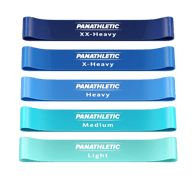 Set van vijf Panathletic weerstandsbanden in groen, blauw, geel, rood en zwart, elk met een ander we