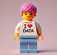 A Lego style character wearing a top with the words I love data
