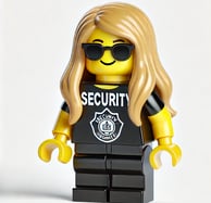 A Lego style character with the word security on her top