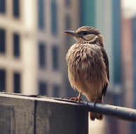 a bird perched on a railing with a city in the background