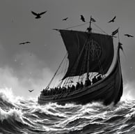 a viking boat in a rough ocean in b&w style