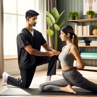 a physiotherapist and a woman doing yoga exercises