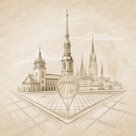 a drawing of a city Riga with a clock tower