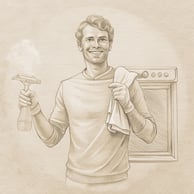 a man holding a towel and a cleaning bottle