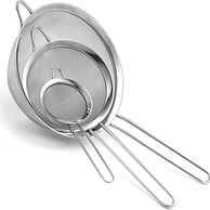 a metal strainer with a mesh strainer and a strainer
