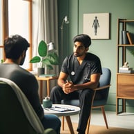 a man in scrubs sitting in a chair talking to a patient