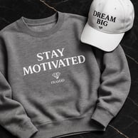 gray crewneck and hoodie and cap with motivational sentence