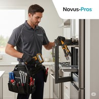 Here's an alt text description for the picture: A Novus-Pros technician in a gray polo shirt with
