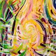 peinture acrylique aux couleurs vives avec un personnage central explorant une ville envahie par la végétation