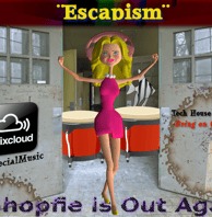 a cartoonish girl, DJ Shopfie,  in a pink dress and hat