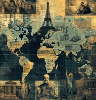 a_modern_dynamic_world_map_with_key_historical_landmarks and historic figures history ai