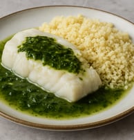 Merluza en salsa verde de algas con cuscús. Ligero, saludable y perfecto para el menú diario.