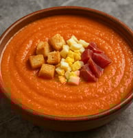 Porra antequerana con jamón, huevo cocido y picatostes. Plato fresco, sabroso y ideal a diario.