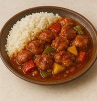 Cerdo en salsa agridulce con pimientos y arroz blanco. Un plato sabroso y equilibrado para diario.
