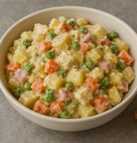 Ensaladilla rusa cremosa con patata, zanahoria, guisantes y jamón cocido. Ideal para diario.