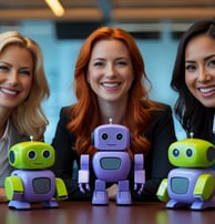 three women sitting at a table with cute ai chatbot robots