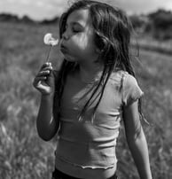A young girl standing in a field making a wish by blowing a dandelion