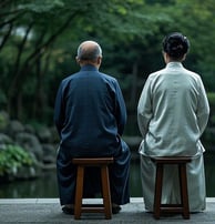 old couple sitting on stools, meditating