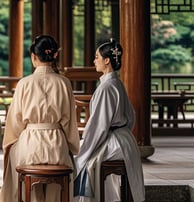 ancient Chinese couple meditating on stools