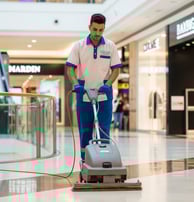 Agent de nettoyage utilisant une monobrosse pour nettoyer le sol dans un centre commercial