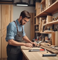 A person is engaged in woodworking, sitting cross-legged on the floor surrounded by wood shavings. They are carving a piece of wood using a chisel and a mallet. There are various tools and materials scattered around, including a knife and a block of wood.