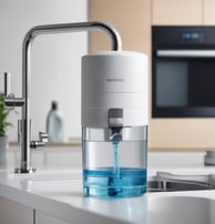 An open kitchen cabinet reveals a water filtration or purification system installed inside. The space is well-lit and minimalistic with a modern faucet visible on the counter above.