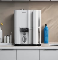 A laboratory setting featuring a water purification system with the brand name Rephile displayed on it. The setup includes a control unit with a digital display screen and an attached dispenser with a control panel. The background shows lab shelves and equipment, indicating a clean, sterile environment.