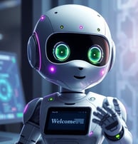 a robot - like robot with green eyes, chatbot, ai agent