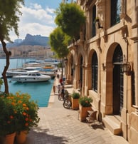 Aerial view of a beachside resort with modern buildings and a large swimming pool surrounded by palm trees. Rows of white lounge chairs and umbrellas line the sandy beach. The turquoise ocean stretches out at the bottom, gradually darkening in color. Dense greenery borders the top edge of the image.