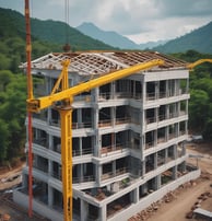 A large construction crane with a modern cabin is positioned above a developing construction site. The crane is red and white with a blue supporting structure. Below, there are numerous construction materials, vehicles, and unfinished buildings. Residential buildings with varying colors are visible in the background. The area appears industrial with a mix of urban development and natural scenery in the distance.