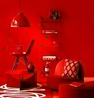 Salon rojo con muebles rojos y luces rojas