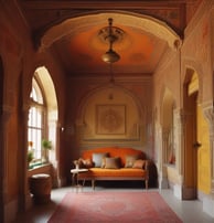 An elegant room showcasing orange furnishings and a decorative ceiling design.