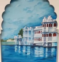 A serene painting depicting a majestic palace reflected on calm waters, surrounded by lush greenery and a clear sky