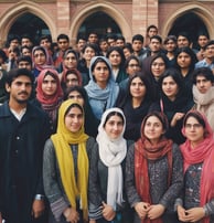 A large gathering of students sitting on a red carpet, with a man standing prominently in front, wearing a green patterned jacket and a black cap. The background features a colorful building with green, yellow, and white accents, resembling a mosque or religious school. Many of the students are dressed in light blue blazers and white shirts, and some are wearing headscarves, indicating a formal or religious setting.