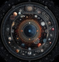 a circular object with a clock and planets