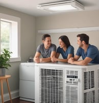 Three air conditioning units mounted on the exterior wall of a building, with a closed vent in the center. The wall is a warm, peach color and the units have a beige finish. A black cable runs vertically along the left side of the image.