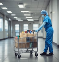 A person wearing a blue uniform and gloves is pushing a cleaning cart adorned with multiple small flags. The environment appears to be a busy place, possibly a station or airport, with people in the background walking or standing.
