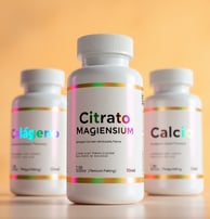 Tres botellas blancas de suplementos etiquetadas como 'Colágeno', 'Citrato de Magnesio' y 'Calcio' 