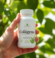 Una mano sostiene una botella blanca de suplemento etiquetada como 'Colágeno', con plantas v