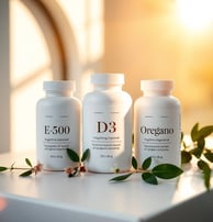 Tres botellas blancas de Vitamina E, Vitamina D3 y Oregano.