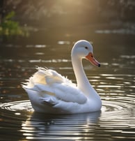 a white swan in the water with a bright orange beak