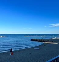 a beach with a person standing on a beach